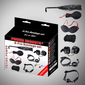 Przejdź do produktu Bondage set 8 pcs black cuffs / collar/ mask/ whipp/ clamps/rope etc