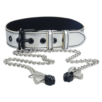 Przejdź do produktu Metallic Silver Collar With Nipple Clamp